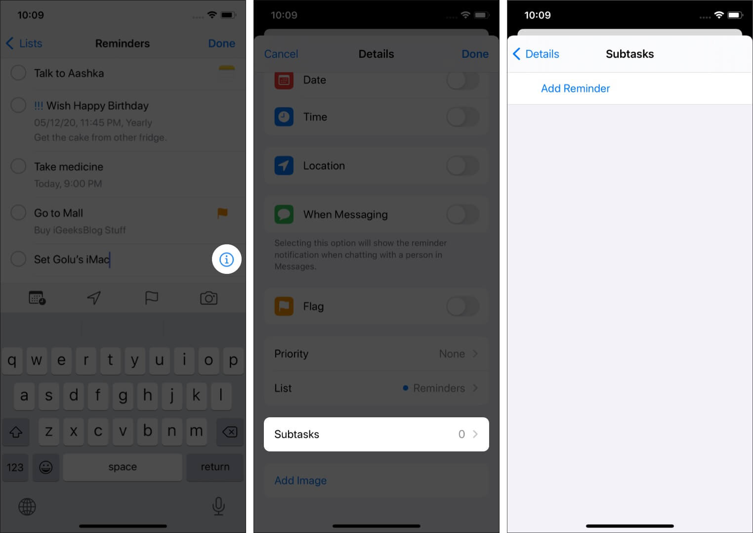 Tap on i Subtasks and Add Reminder