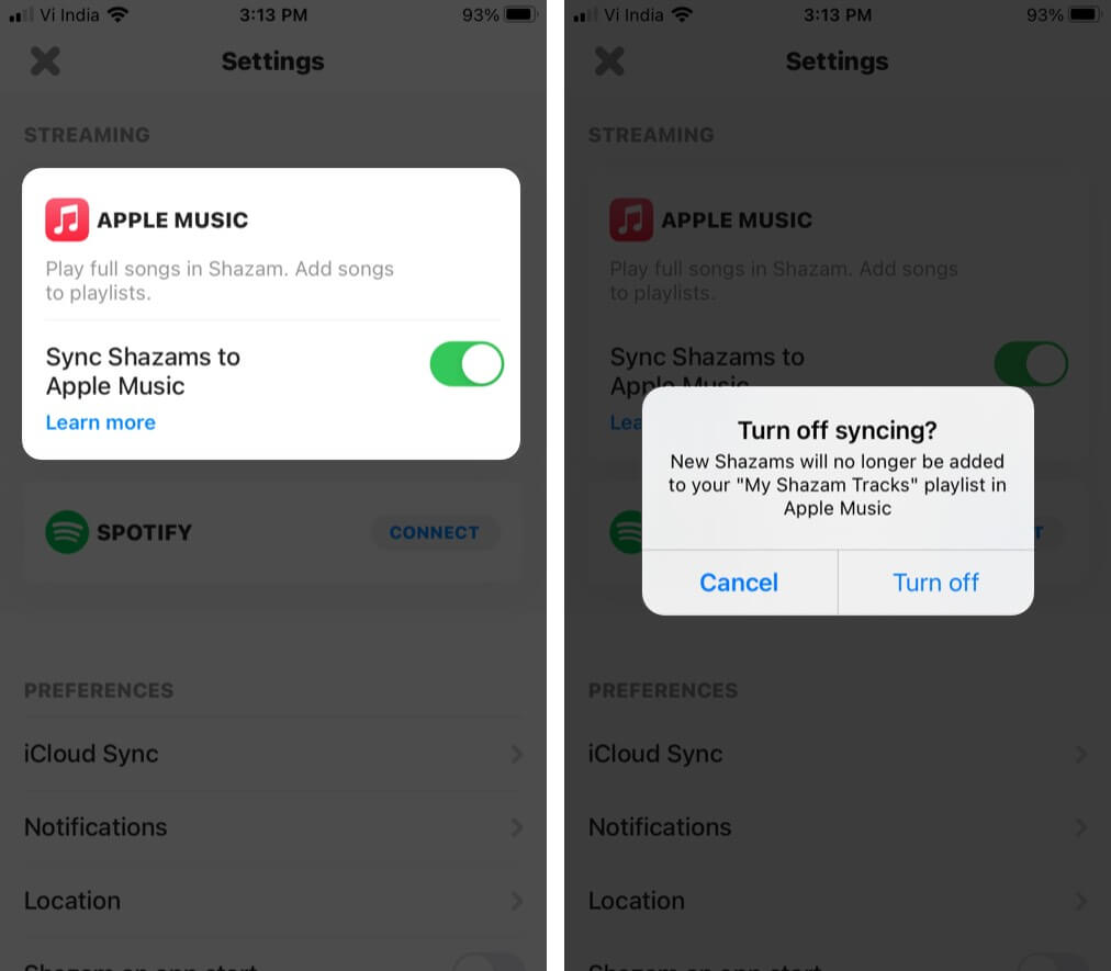 turn off to auto syncing shazam with Apple Music