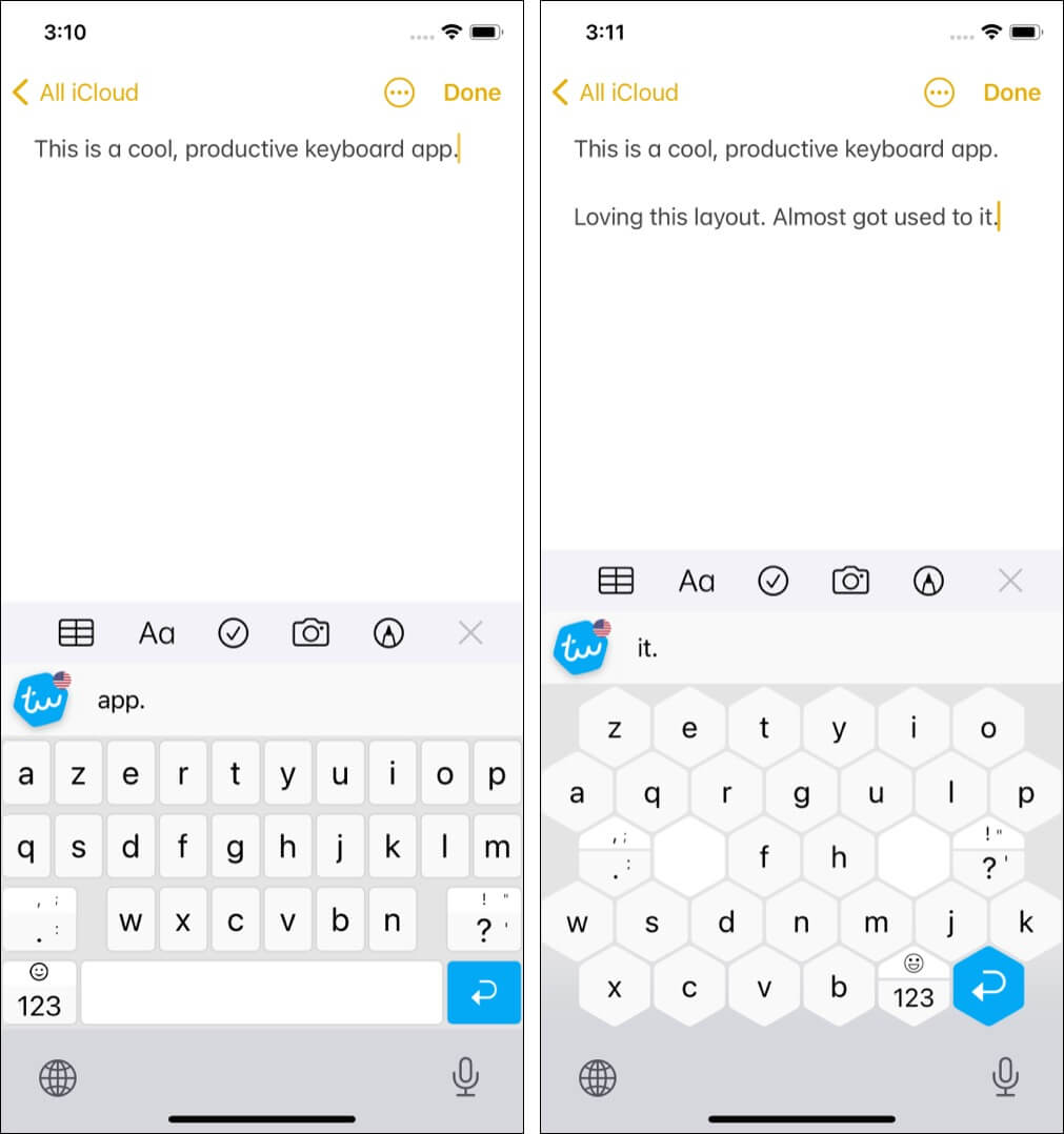 Zwei Tastaturlayouts in der Typewise-App