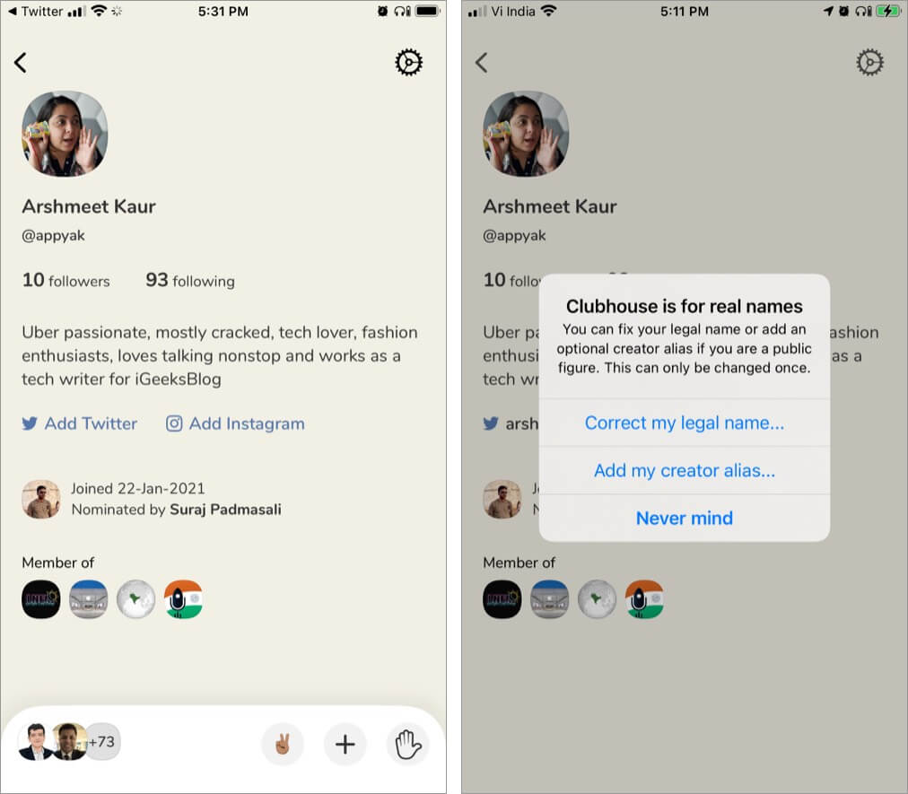 Add your Creator Name profile on Clubhouse iPhone app