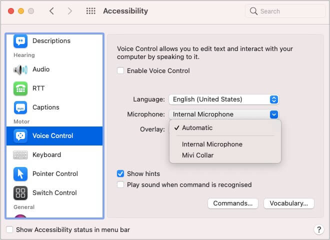 Change the Voice Control microphone on Mac