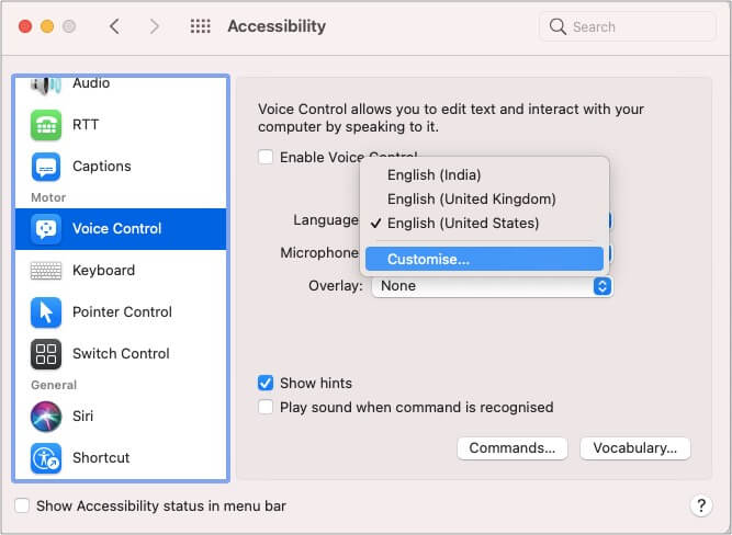 Click Customise in Voice Control setting on Mac