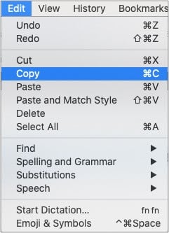 Click on Edit menu in toolbar at top of Mac screen and select Copy