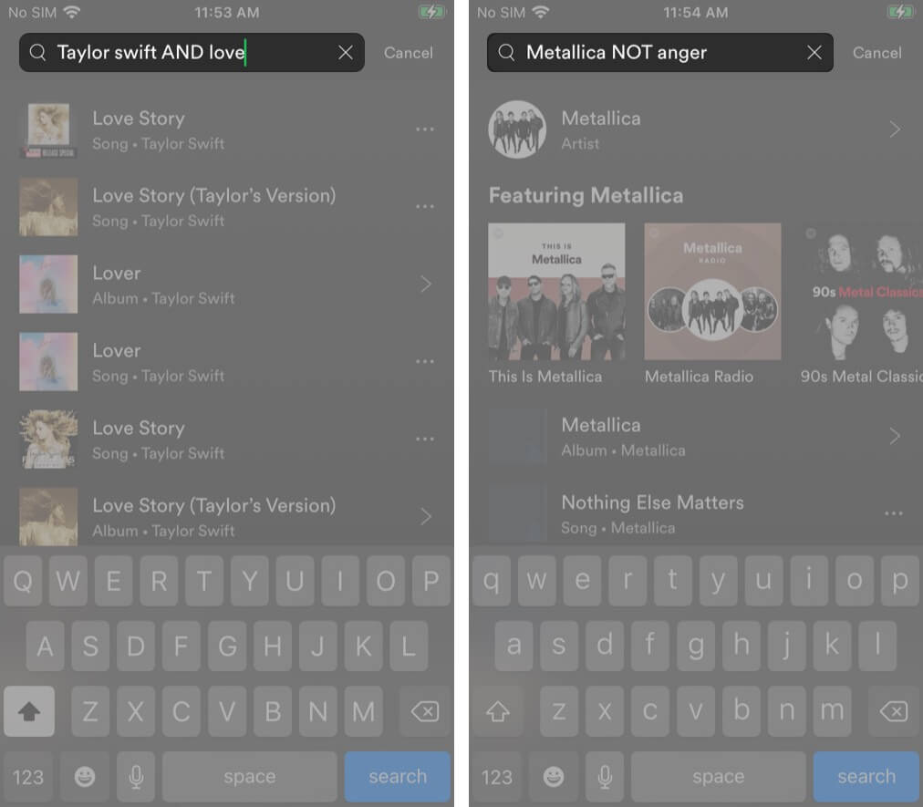 Exclude or add search terms in Spotify app on iPhone