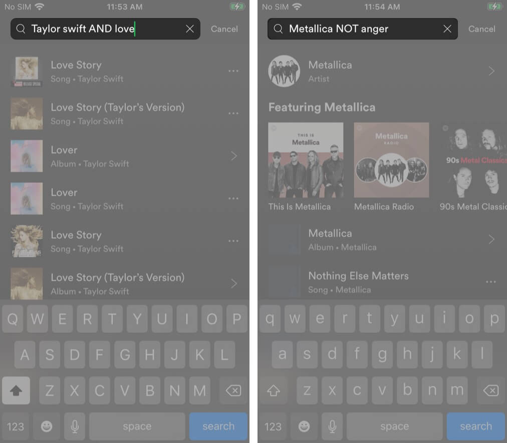 Exclude or add search terms in Spotify app on iPhone