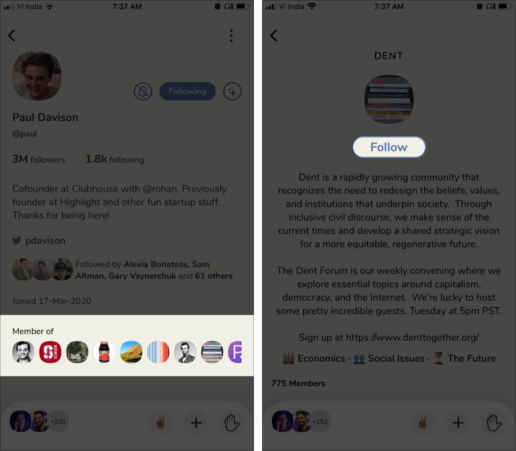 Find which clubs you or others follow in Clubhouse app