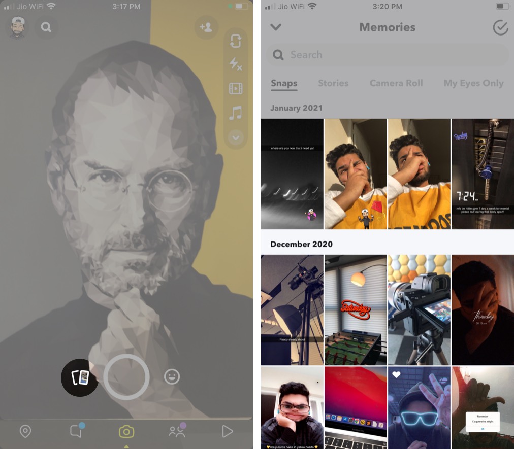 Open Snapchat on iPhone and tap Memories button