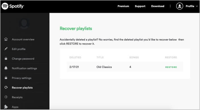 Recover deleted playlists in Spotify app
