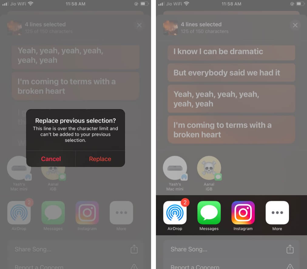 Replace lyrics and from sharing option select iMessage, AirDrop, or Instagram