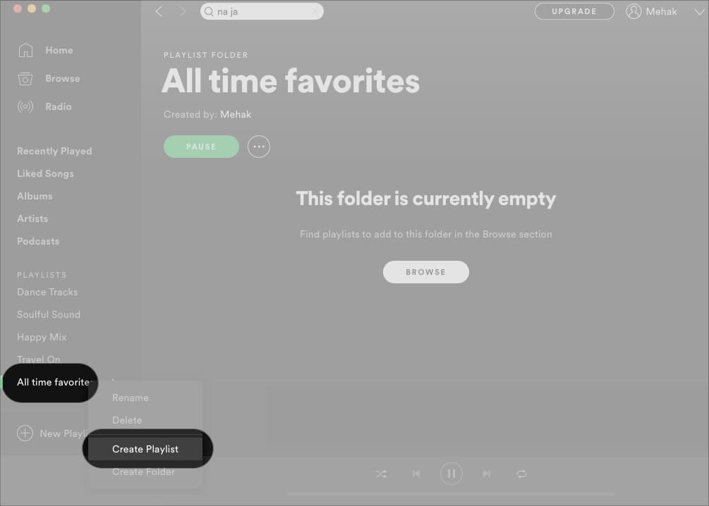 Right-click on playlist folder and click Create Playlist in Spotify