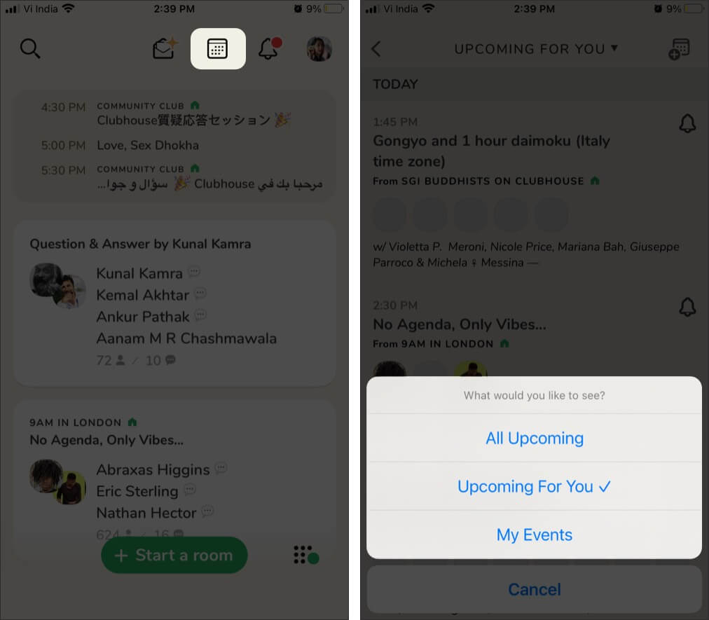 See upcoming or scheduled rooms in Clubhouse app