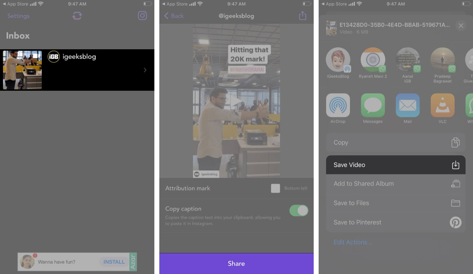 Select Share icon and tap Save Video in Repost app on iPhone