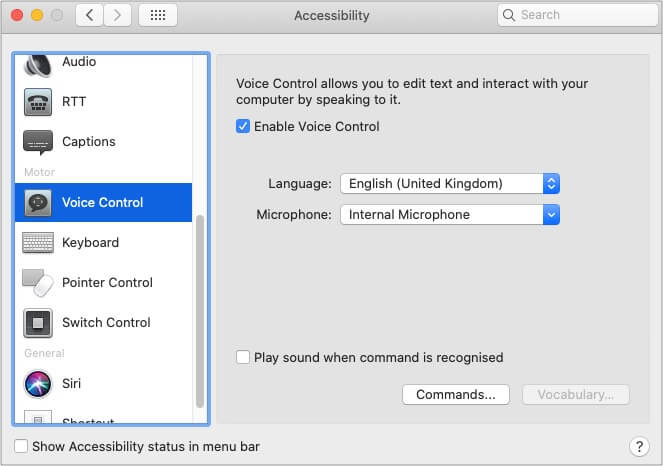 Select Voice Control and click Commands on Mac