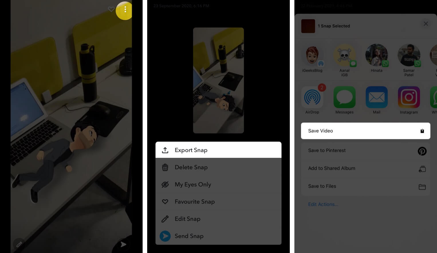 Select video and tap three dotted icon to Export Snap on iPhone