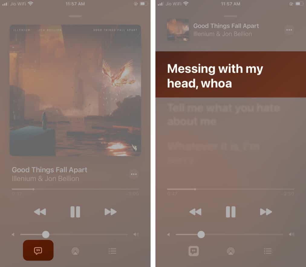 Tap lyrics icon and long press on lyrics you want to share in Apple Music