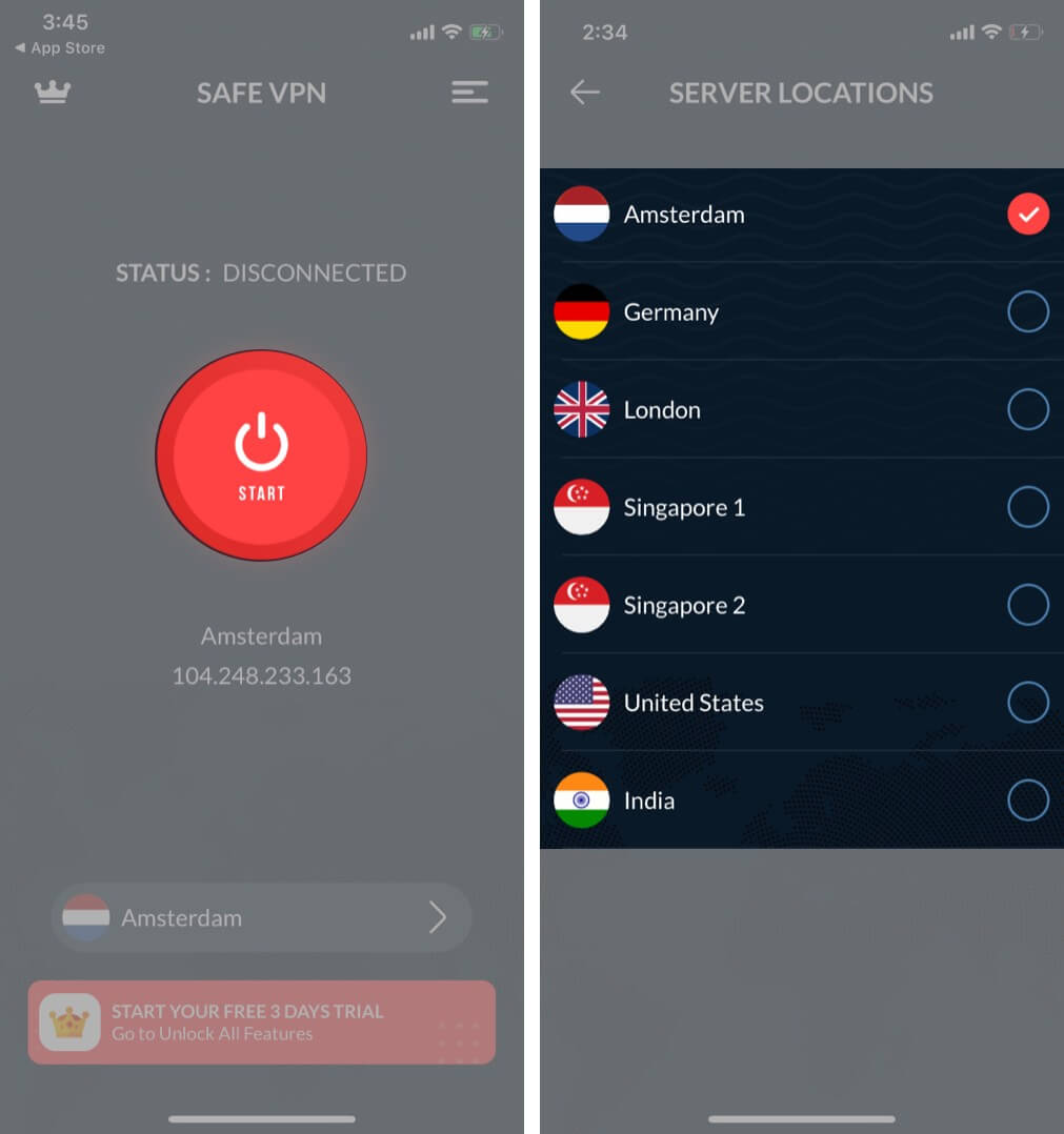 Tap round red button to enable VPN on iPhone