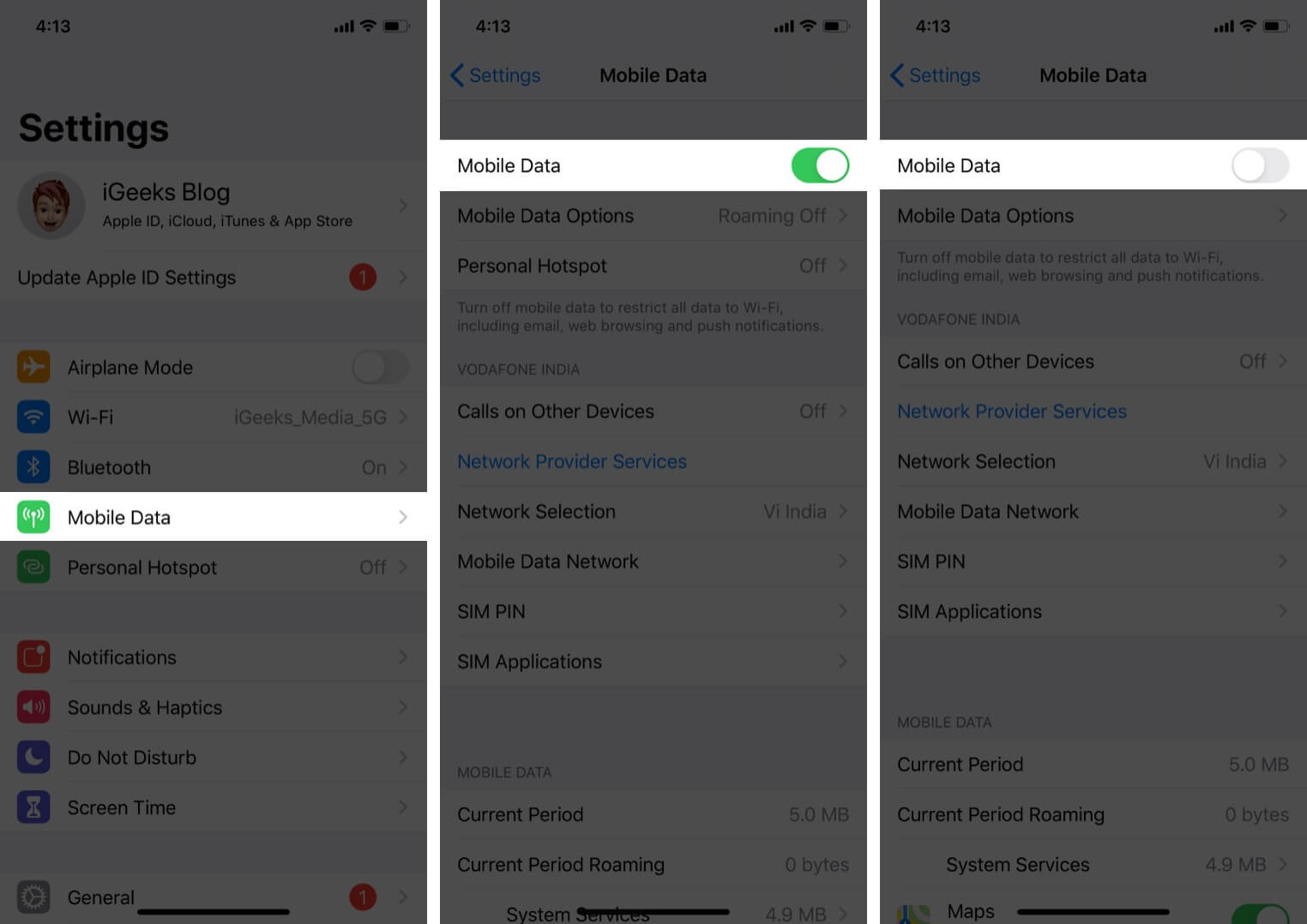 Toggle cellular data on and off on iPhone