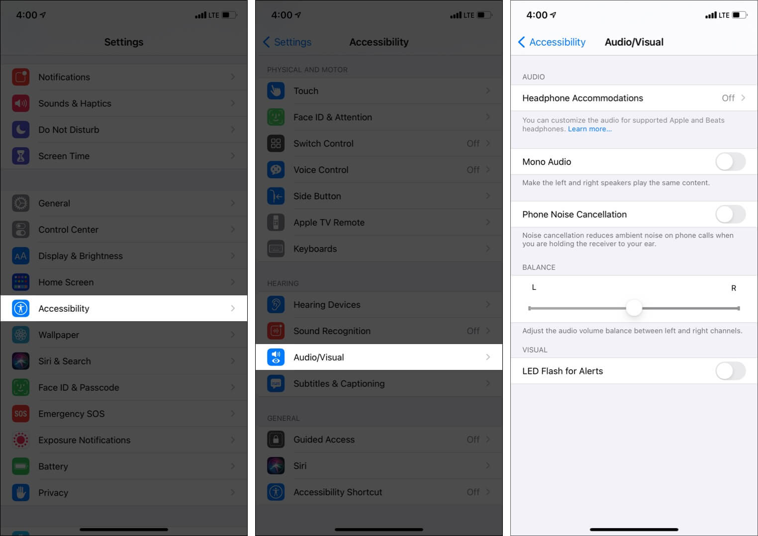 Adjust audio volume balance between left and right pods