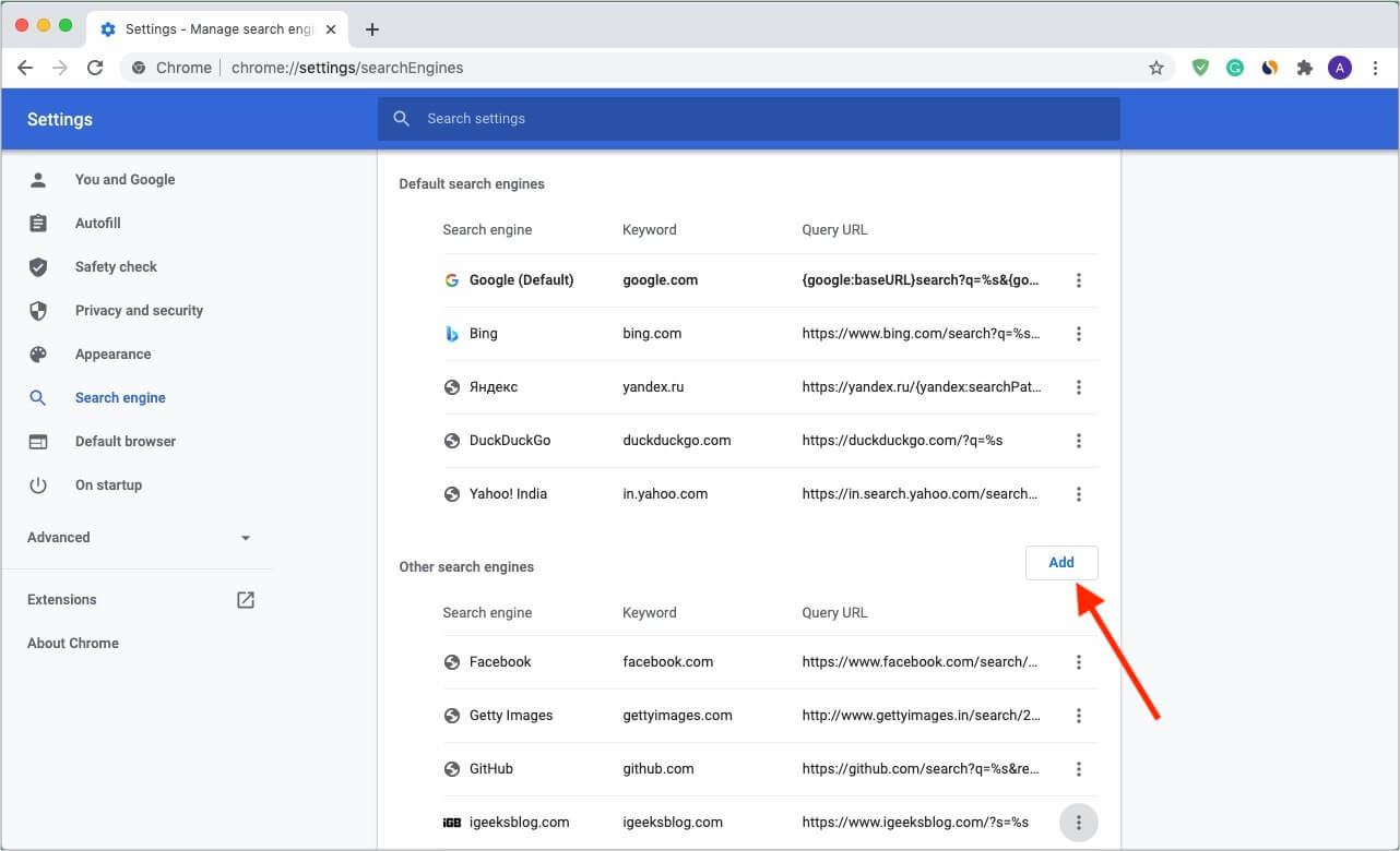 Click Add next to Other search engines