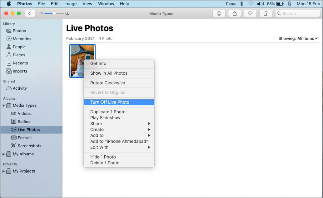 How to change Live photos to Still in Photos app for Mac