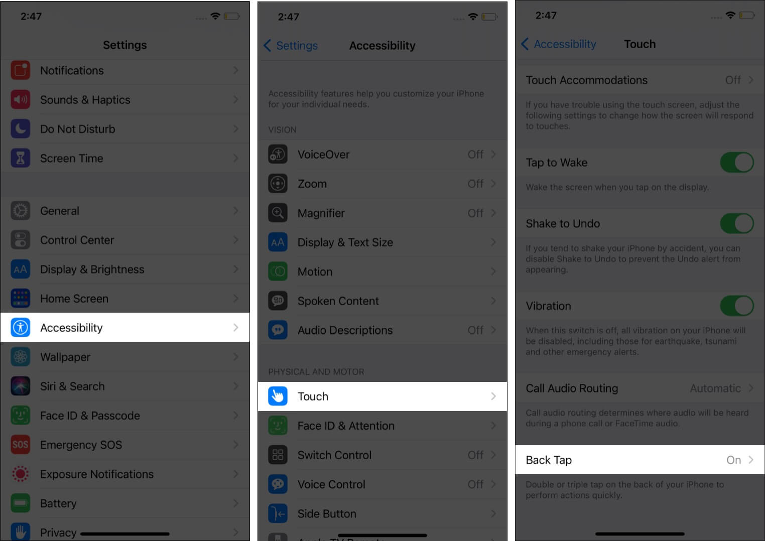Inside iPhone Settings Tap Accessibility Touch and Back Tap