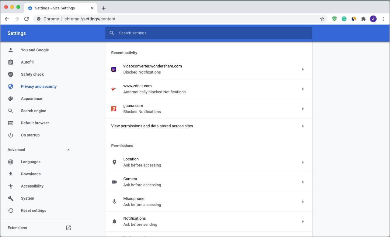 Manage site permissions in Chrome