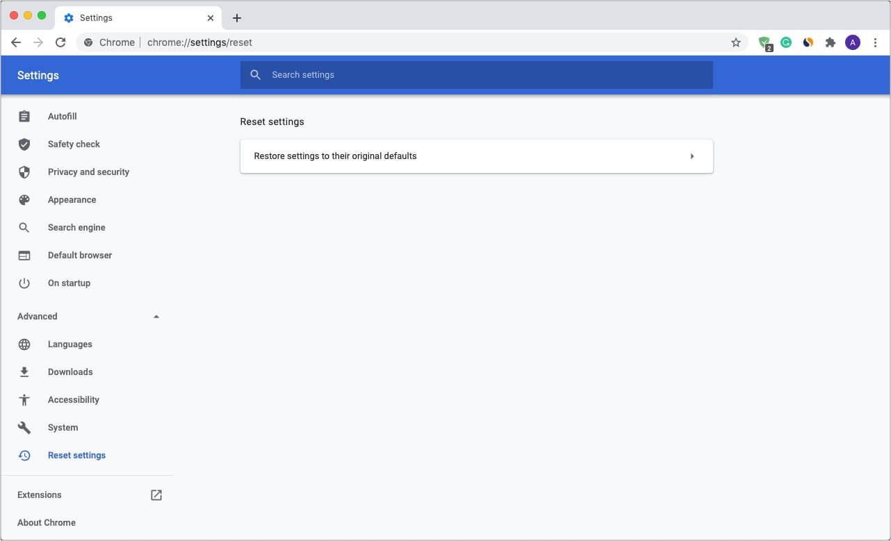 Restore Chrome to default settings