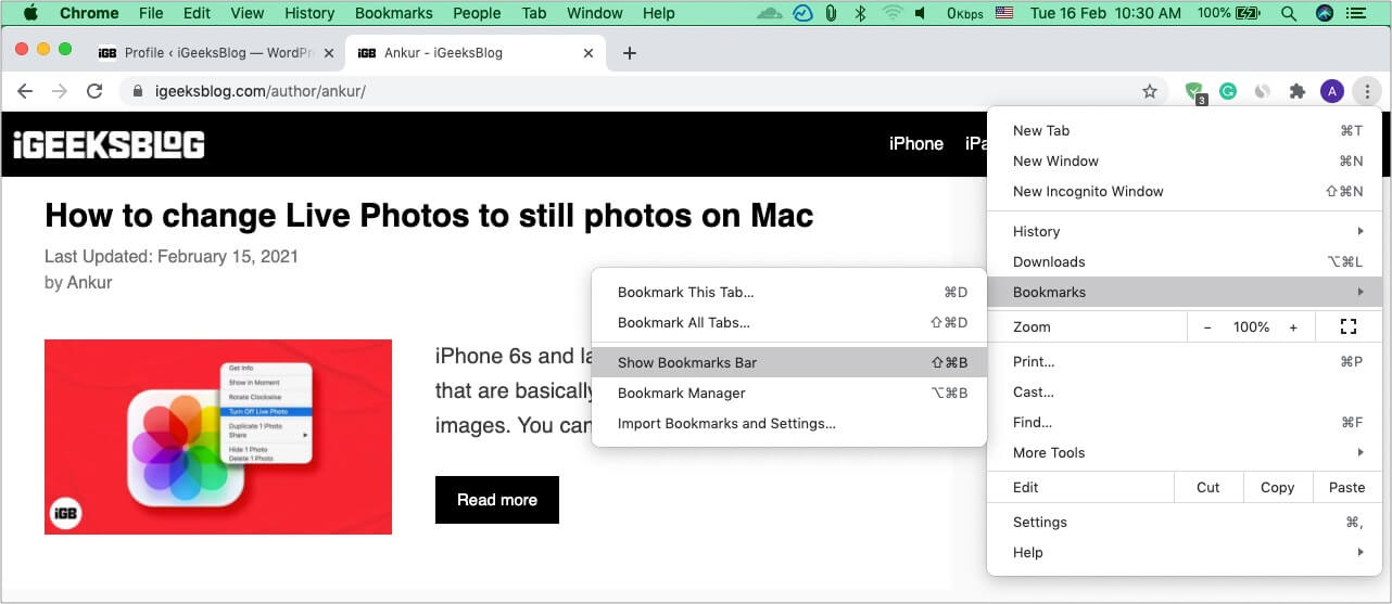Show or hide Chrome bookmarks bar on Mac