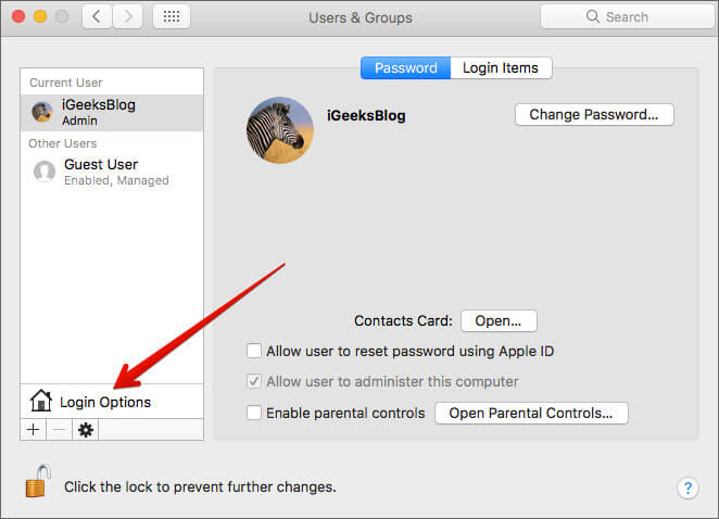 Click Login Options in Mac Users & Groups