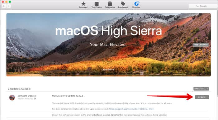 Click on Update to Install Latest Software OS on Mac