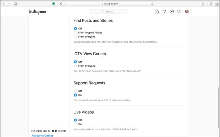 Edit Instagram notification settings via web browser