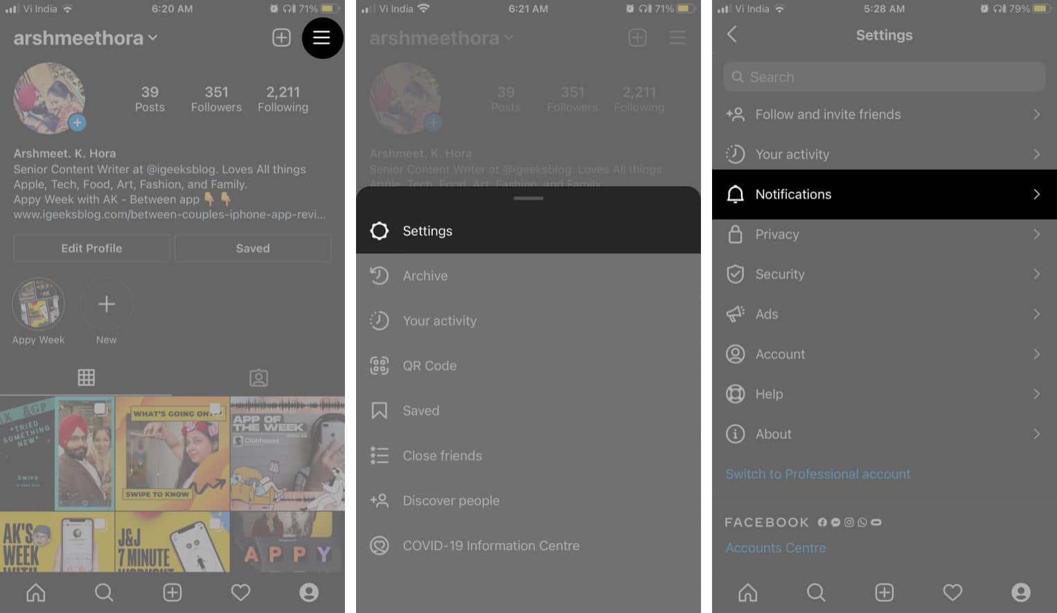 Go to Settings and then Notifications in Instagram from iPhone