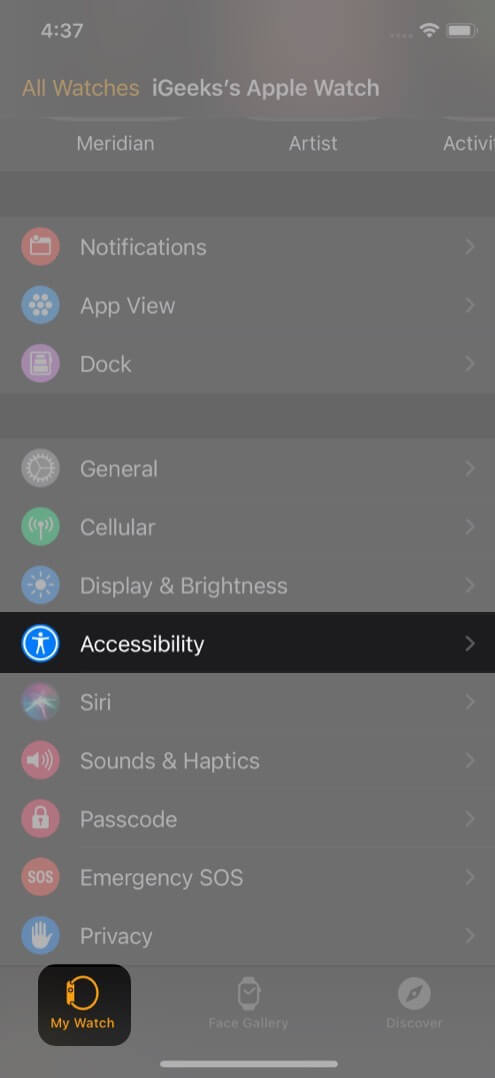 In Watch app and tap Accessibility on iPhone