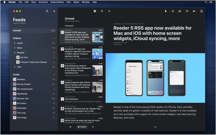 Reeder 5 best RSS feed reader app foe Mac
