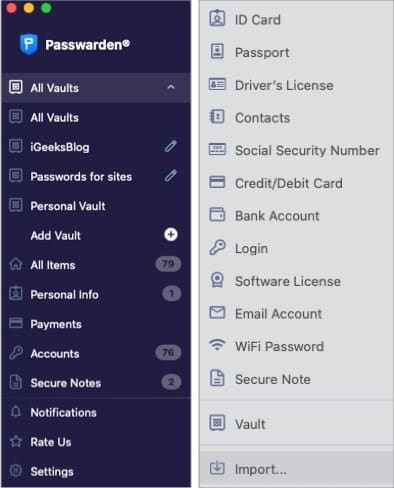 The vaults for convenience in Passwarden Mac app