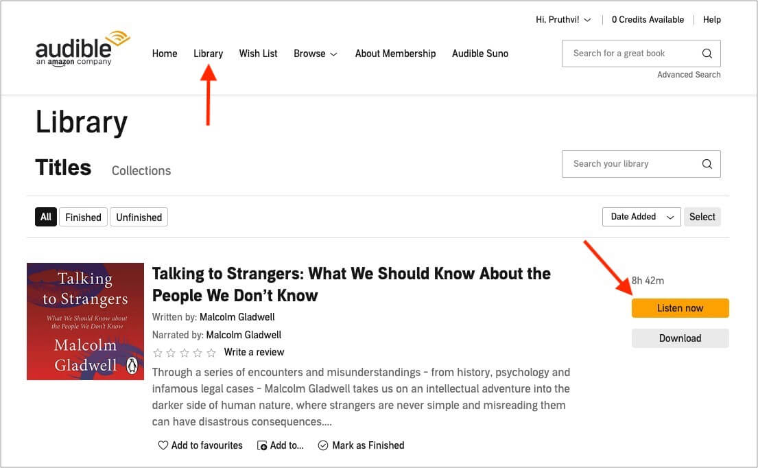 Click Library and then Listen now to enjoy Audible on Mac