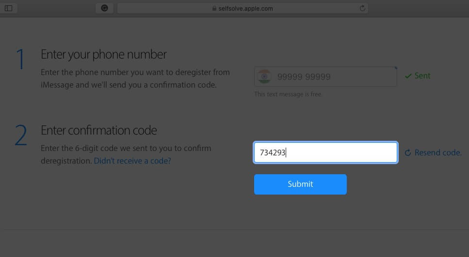 enter code and click on submit to deregister cell number from imessage using computer
