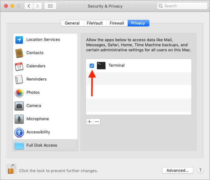 Grant Full Disk Access to Terminal from System Preferences