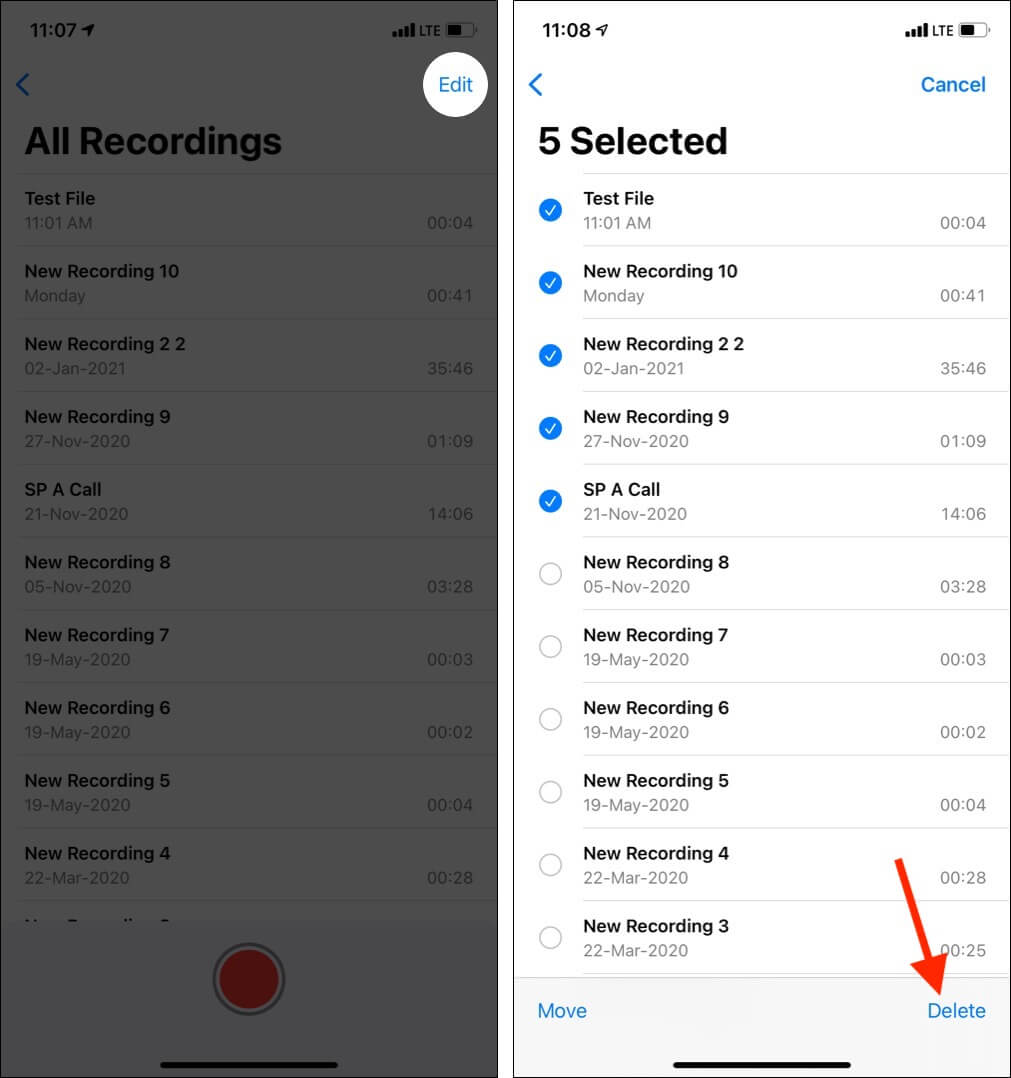 How to delete multiple voice memos