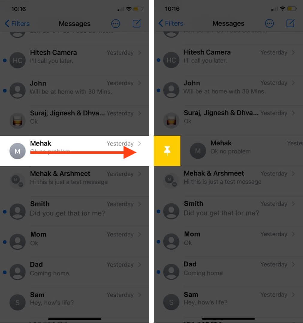 pin conversations in message app