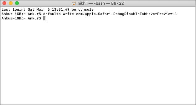 Terminal command to disable Safari Tab Preview in Mac