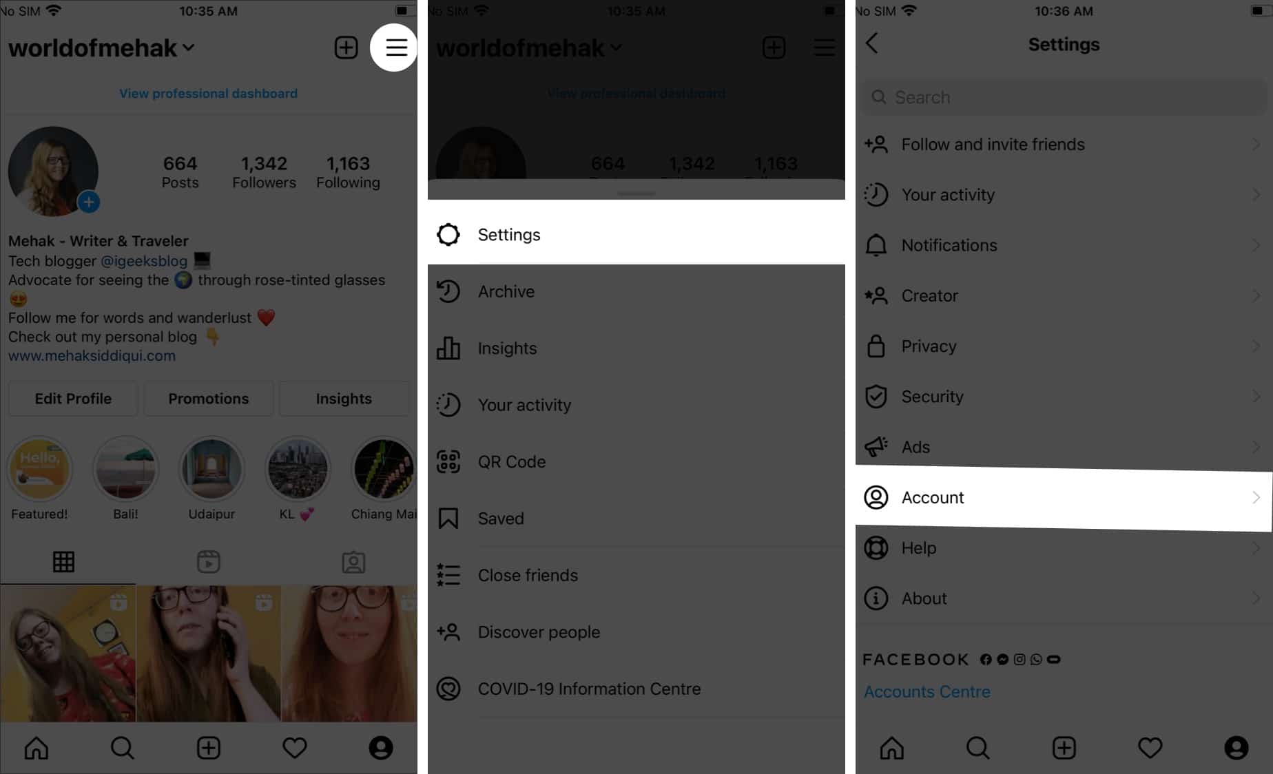 Go to Instagram Settings and tap on Account