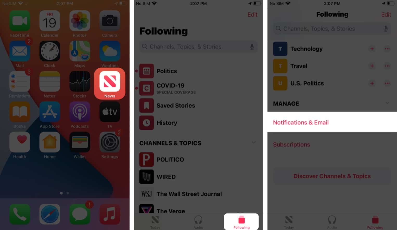 Open News app and tap Notifications and Email on iPhone