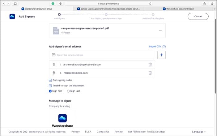 Option to sign first or last in Wondershare Document Cloud