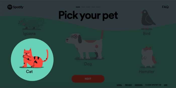 Wählen Sie Ihr Haustier aus und klicken Sie auf Weiter, um eine Wiedergabeliste in Spotify zu erstellen