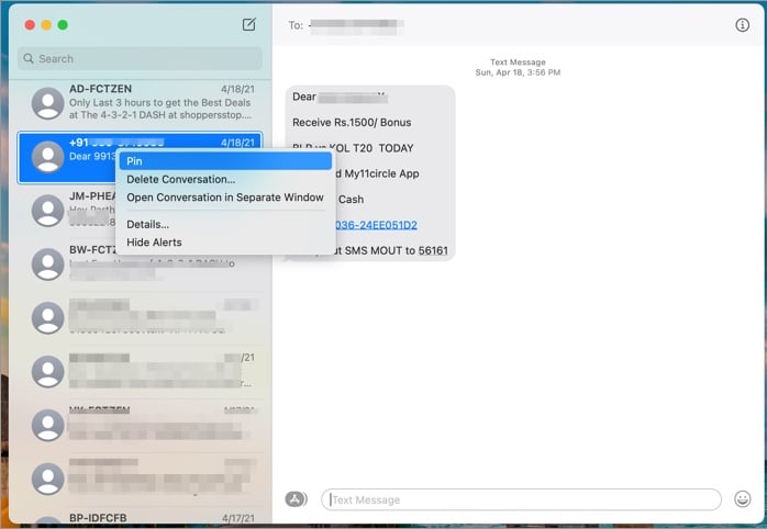 Pin Conversations in the Messages App in macOS big sur