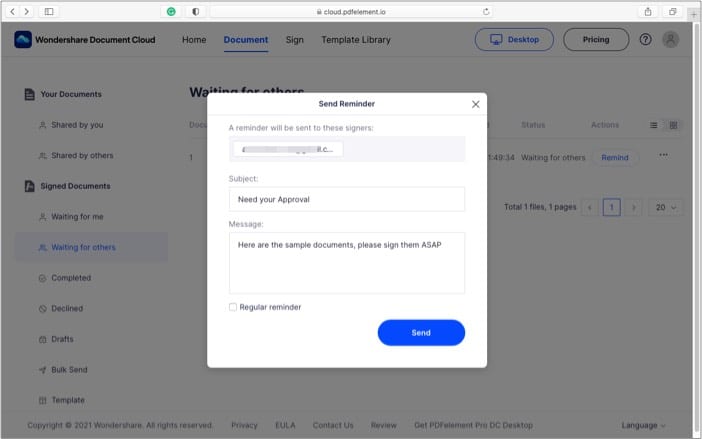 Send reminders to every signer in Wondershare Document Cloud