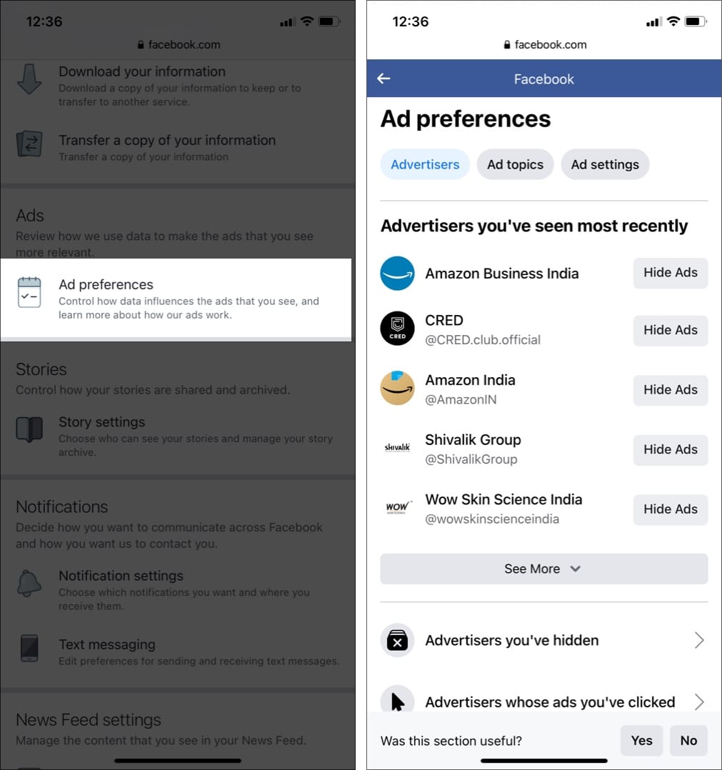 Tap Ad preferences, Tap Advertisers whose Facebook ads you have clicked