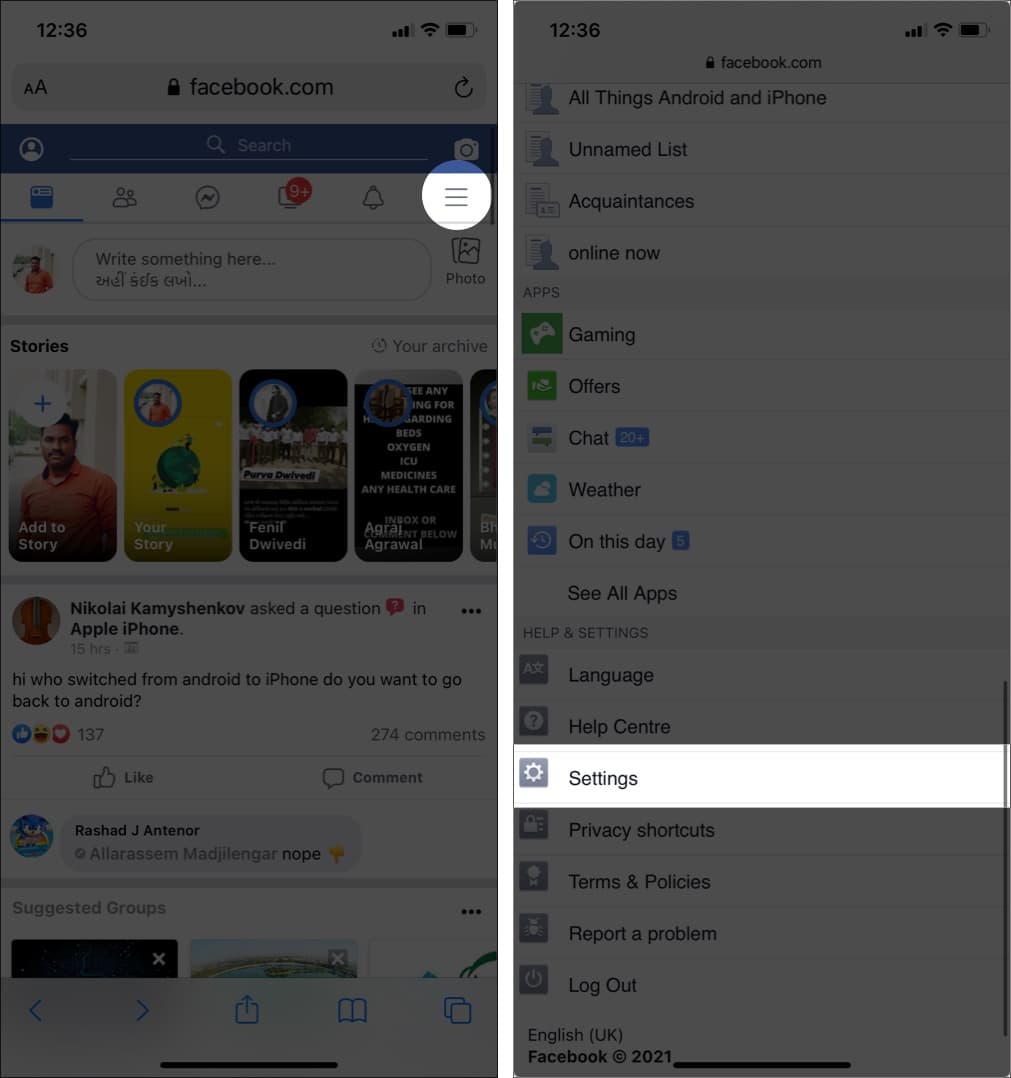 Tap hamburger menu, and Settings in Facebook on mobile browser