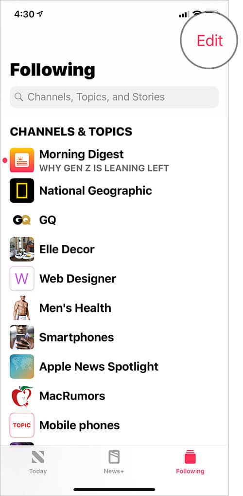 Tap on edit in appe news app